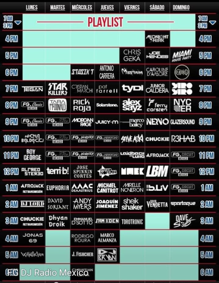 FG DJ Radio Mexico — weekly schedule with MAC DEMETRIUS